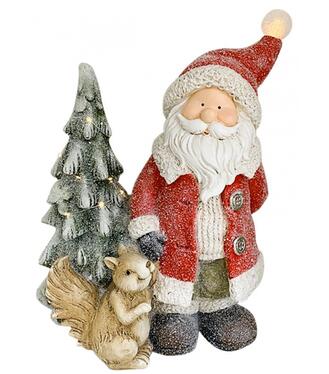 MagicHome Dekorácia Santa s veveričkou a stromčekom, 1Led, 2xAAA, keramika, 35,5x20x46cm